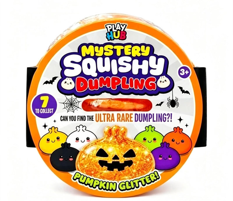 A round Play Hub Mystery Squishy Dumpling toy package with Halloween-themed 